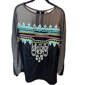 Roja Womens Black Velvet Sheer Mesh Embroidered Boho Fairy Long Sleeve Top XS